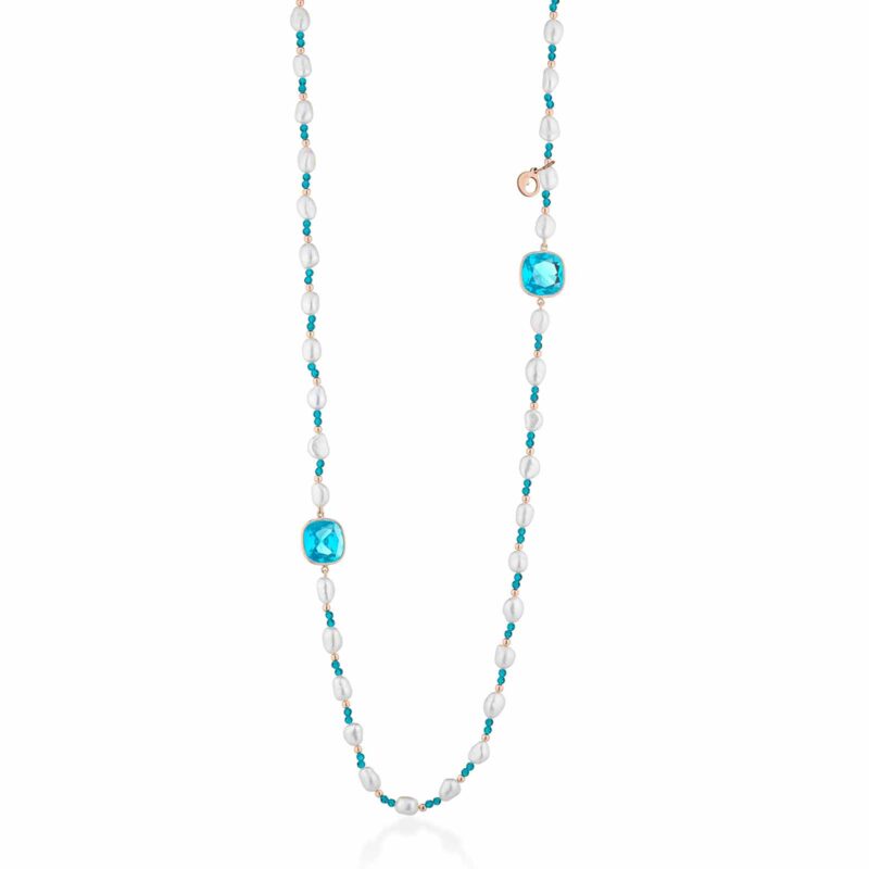 Collana Lelune Glamour con perle d'acqua dolce, argento rosa, spinello turchese e cristalli turchesi