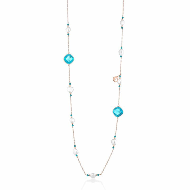 Collana Lelune Glamour in argento rosa con perle d'acqua dolce, spinello turchese e cristalli turchesi