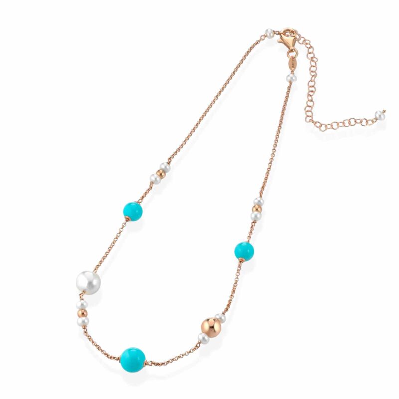 Collana Lelune Glamour in argento rosa con pasta di turchese e perle d'acqua dolce