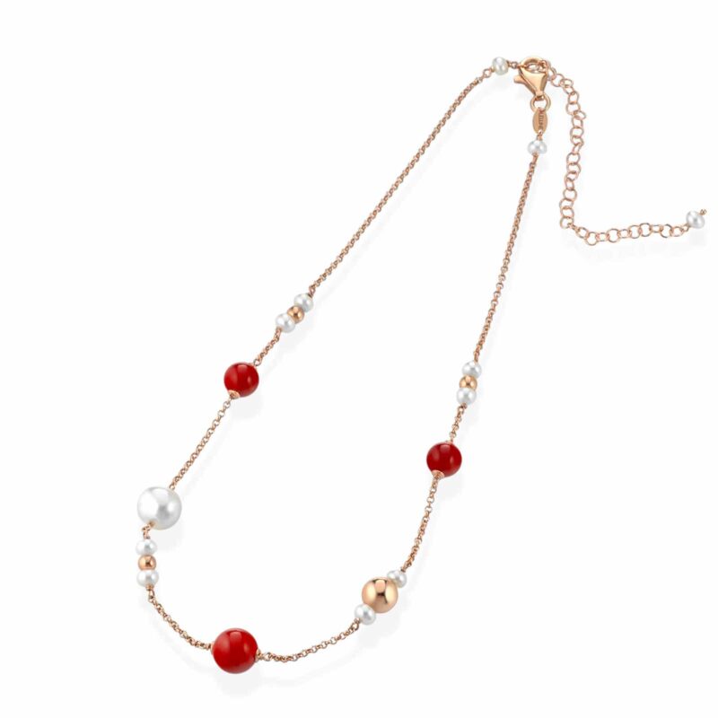 Collana Lelune Glamour in argento rosa con pasta di corallo e perle d'acqua dolce