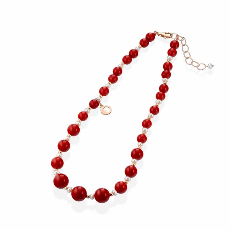 Collana Lelune Glamour in pasta di corallo con argento rosa e perle d'acqua dolce