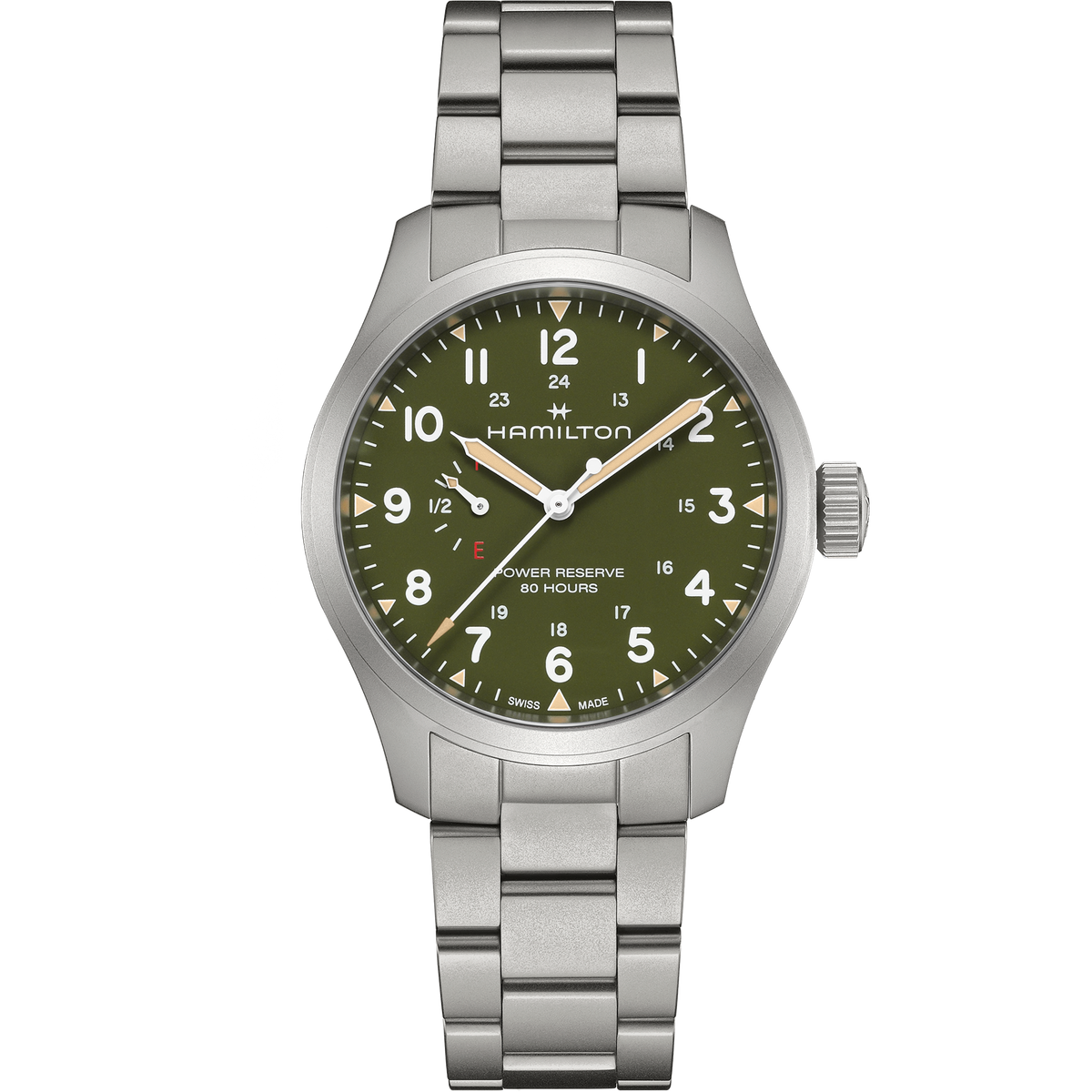 Hamilton Khaki Field Power Reserve 40mm H69509160 quadrante verde bracciale acciaio